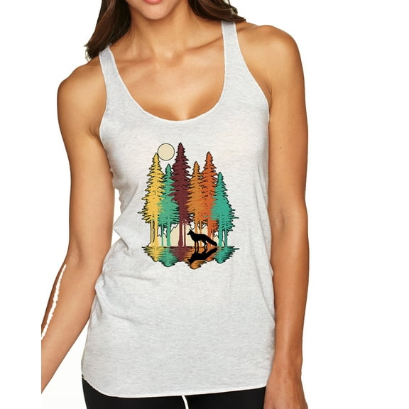 Wild Bobby, Trippy California Redwoods Forest Fox Silhouette | Womens Fashion Premium Tri-Blend Racerback Tank Top, Heather White, Small