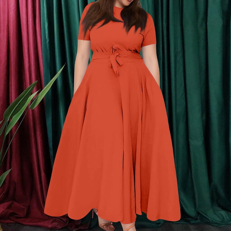 Evdexr Long Maxi Dresses for Women Plus Size Solid Color Dress Short Sleeve  Crew Neck Dresses Saffron 6XL