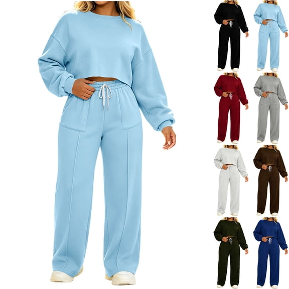 Women's Fleece 2 Piece Tracksuit Outfits Oversized Cropped Sweatshirt Wide Leg Sweatpants Workout Loungewear Fall Winter Jogging Outfit White