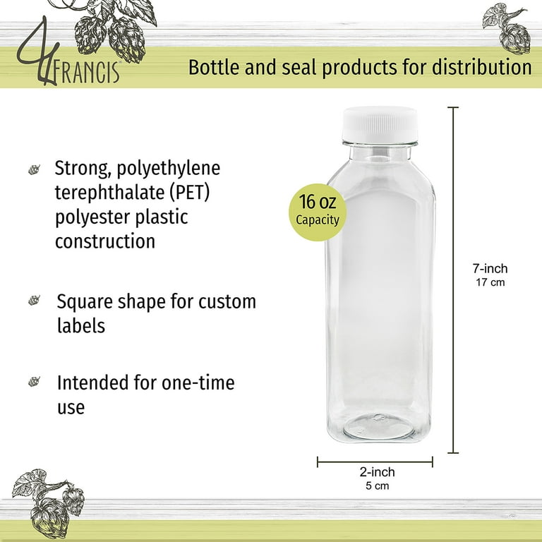 16 oz. Tall Square PET Clear Juice Bottle with White Lid