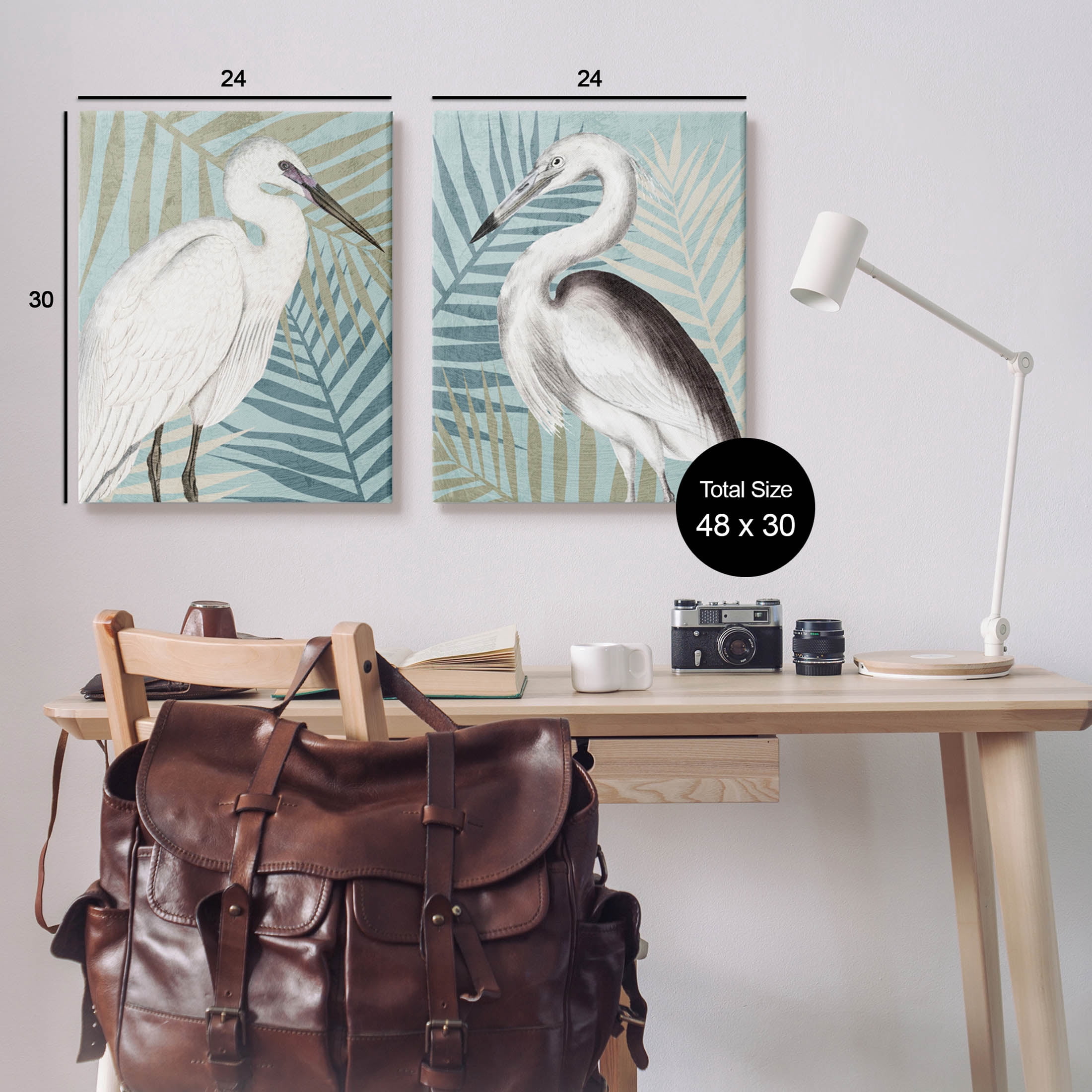 Heron Birds Layered Plant Leaves Animals & Insects Graphic Art Gallery Wrapped Canvas Print Wall Art, Set of 2