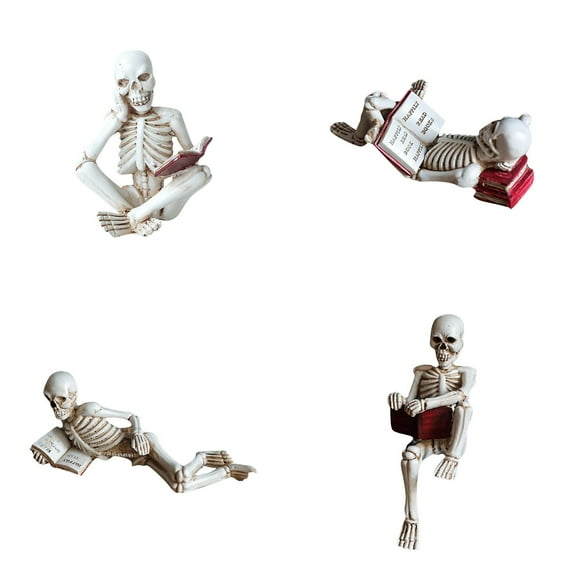 4PC Halloween Party Halloween Tabletop Figurine, Halloween Resin Spooky Skeleton Table Decor, Skeleton Character Reading A Book,  for Home Decor in Living Rooms, Bedrooms, Studies, and Offices