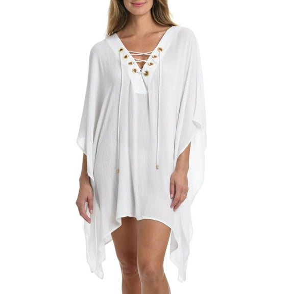 La Blanca Women's Capri Lace Front Beach Caftan Dress Swimwear Cover Up-White / S