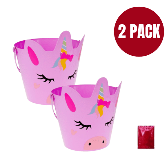 Purple Unicorn Plastic Easter Pails with Handles (2 Pack Bundle) – Magical Character Buckets for Easter Hunts with Bonus LaPrima Morceau Bonbon