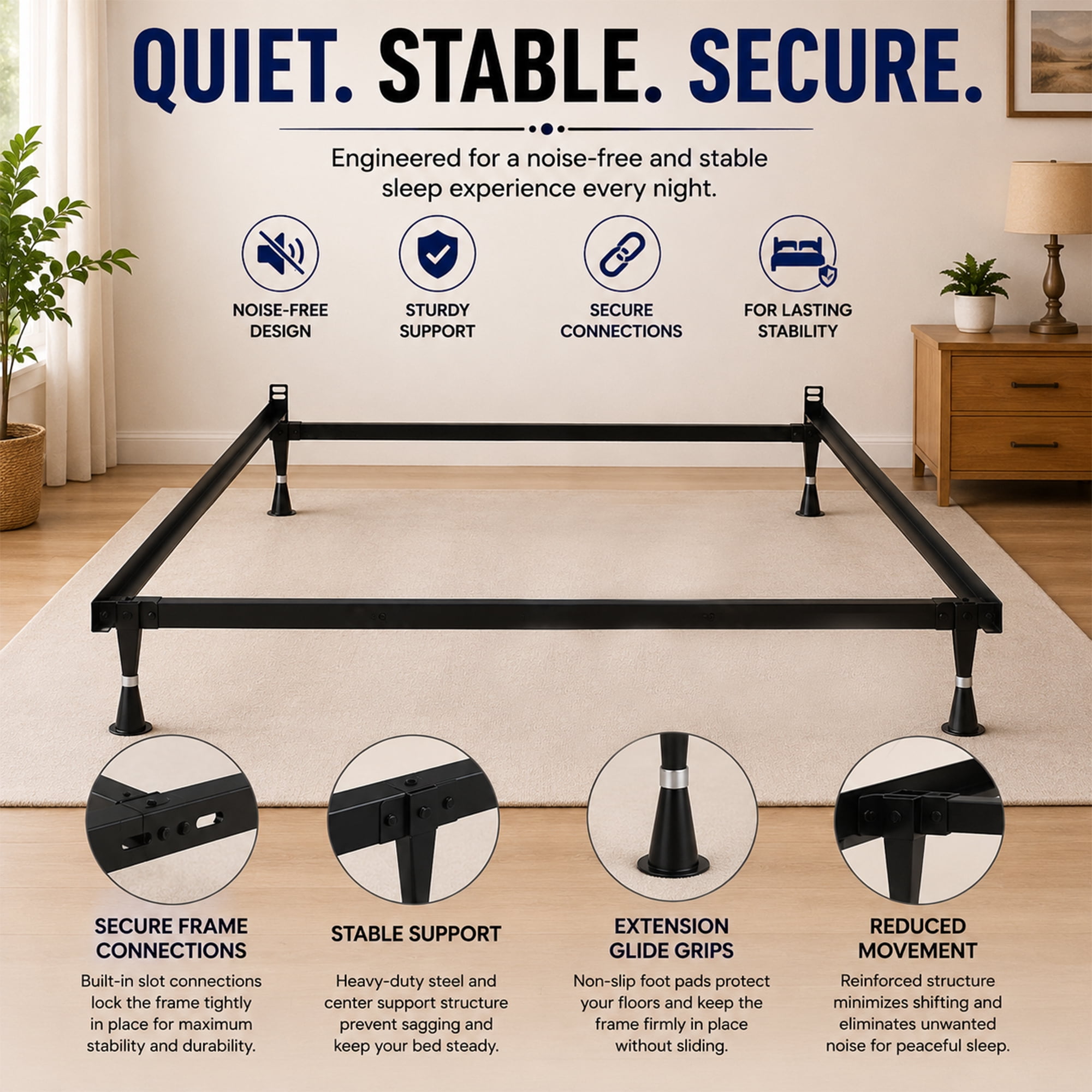 Continental Sleep, Advanced Metal Bed Frame for Box Spring and Mattress, Headboard Attachable, Noise-Free, Tool-Free Easy Assembly, 4-Legs Support, Full, Black