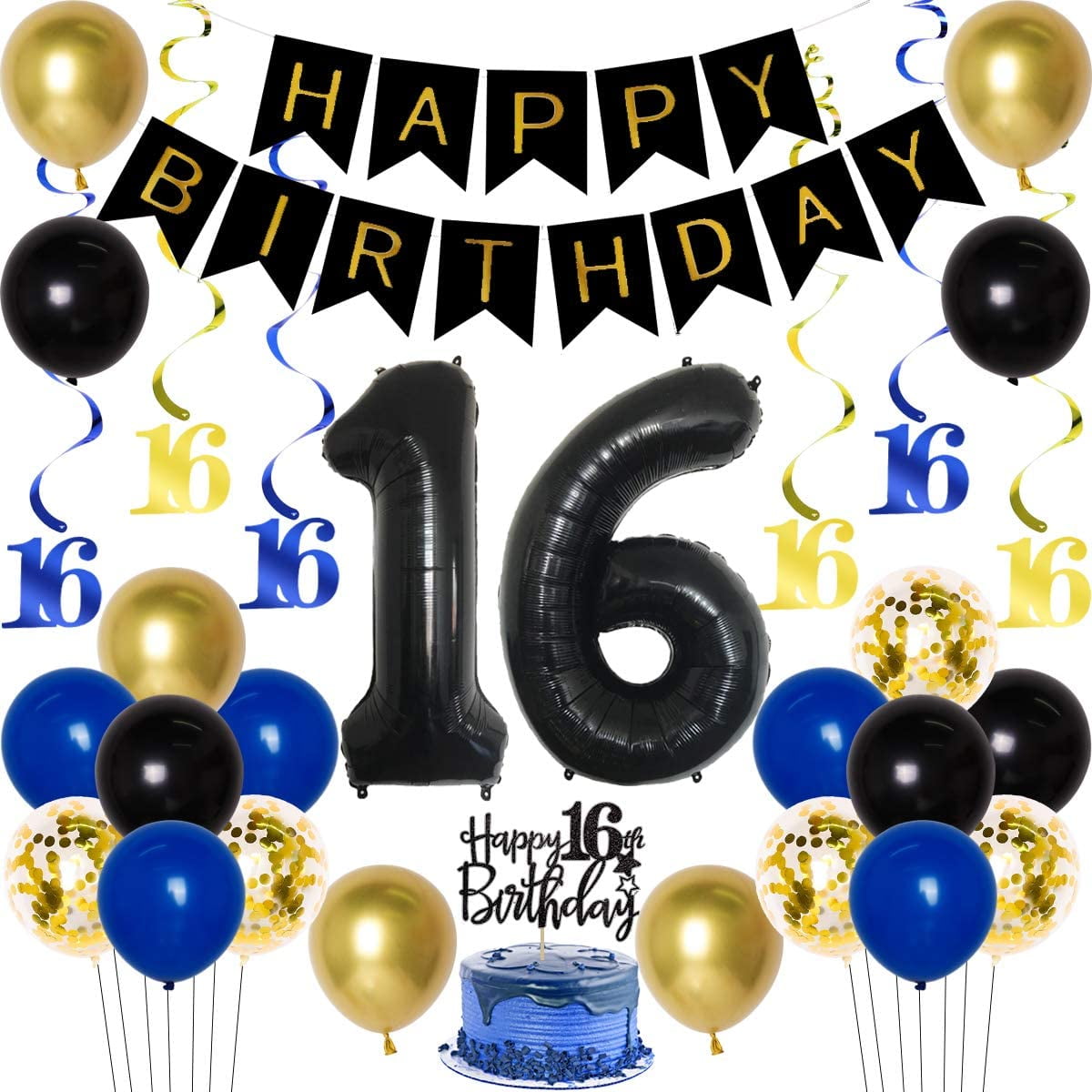16th Birthday Decorations for Boys Royal Blue Gold, Happy Birthday