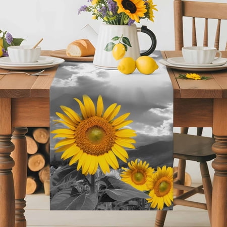 Burlap Table Runner 70 Inches Long Yellow Sunflower Field Non-Slip Kitchen Table Runners for Dining Room Everyday Use Party Table Decorations Modern Grey Floral Partial Color Art