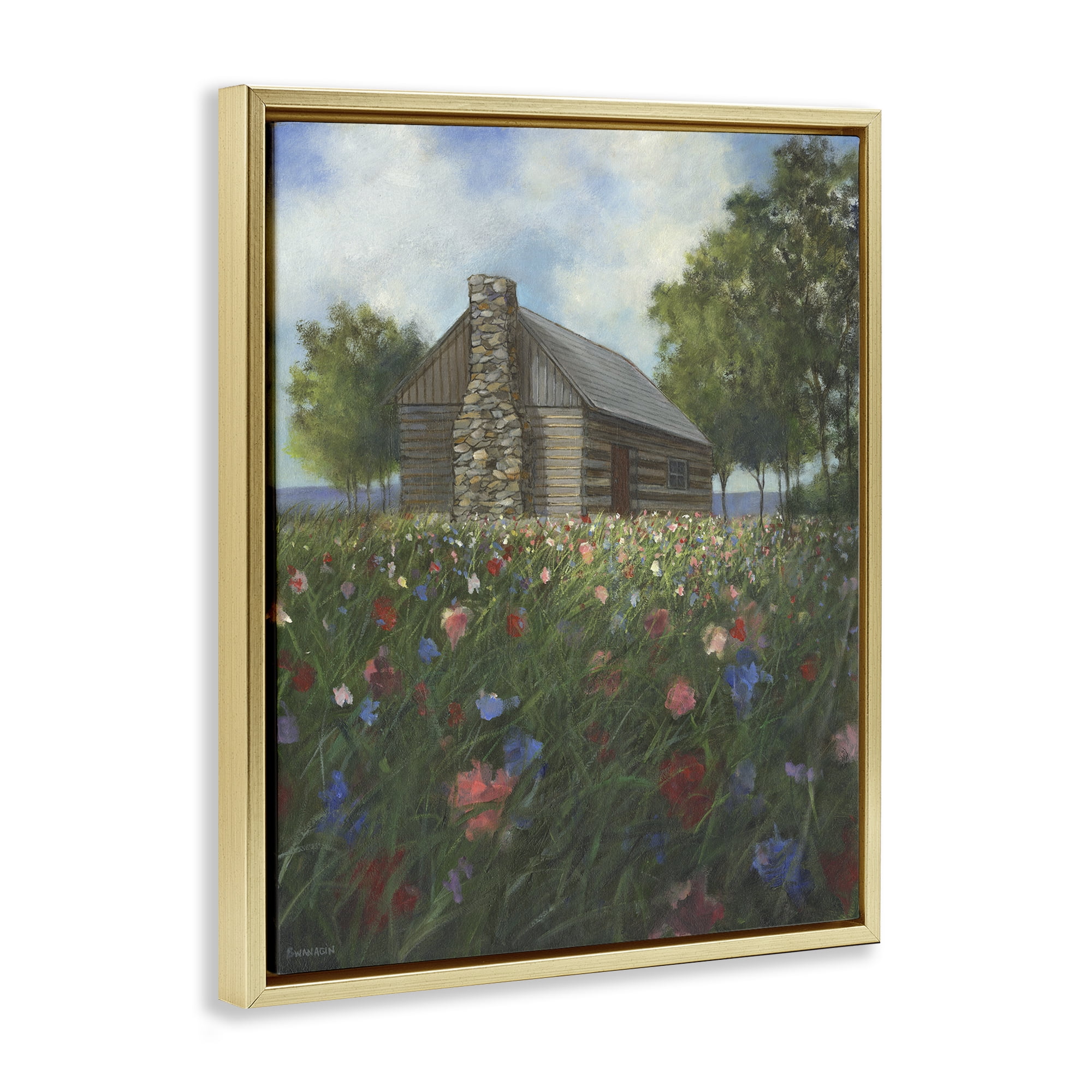 Stupell Industries Log Cabin Meadow Landscape Painting Gold Floater Framed Art Print Wall Art, 17 x 21