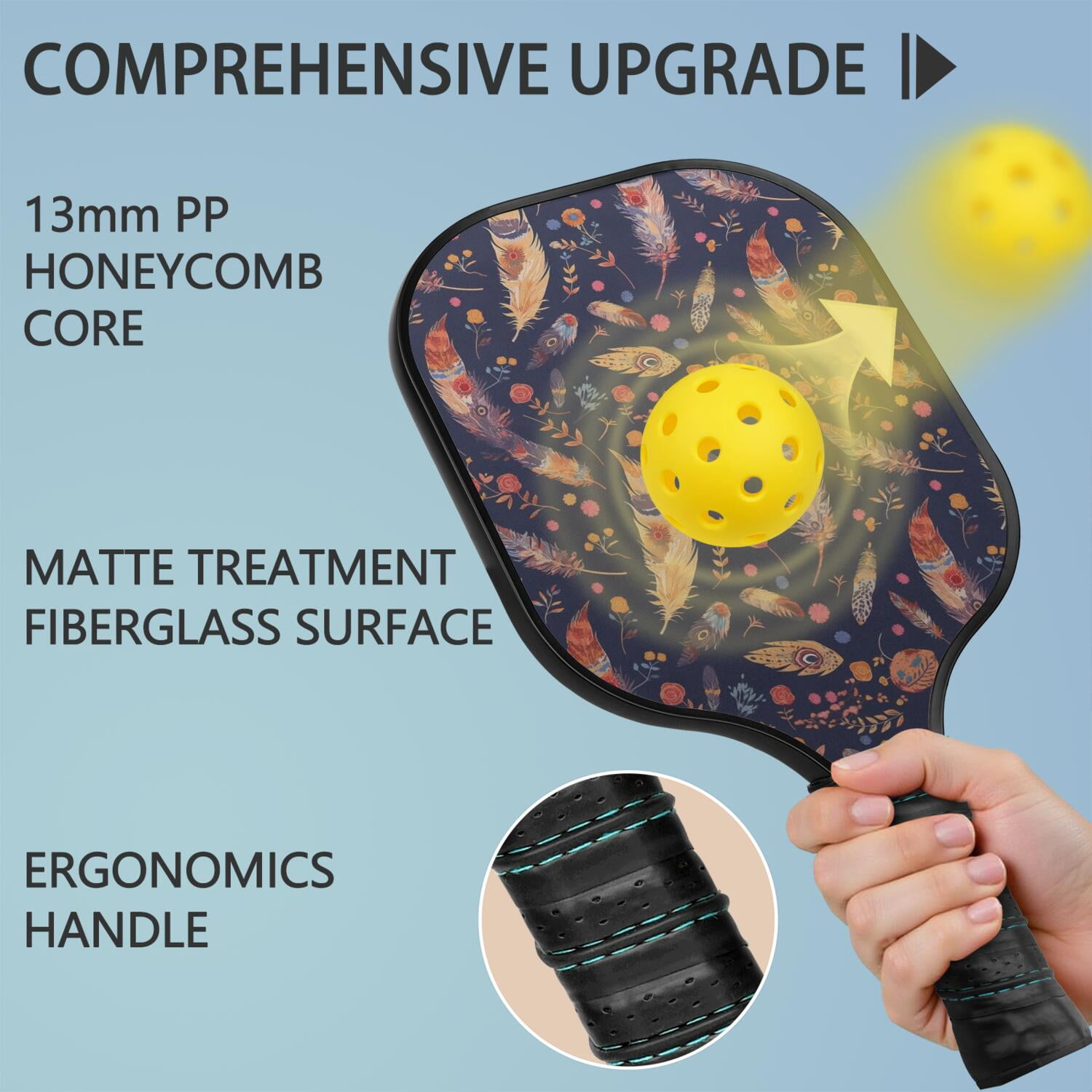 Pickleball Paddles Set Of 2, Fiberglass Surface, Colorful Feather Print, 4 Balls & Bag