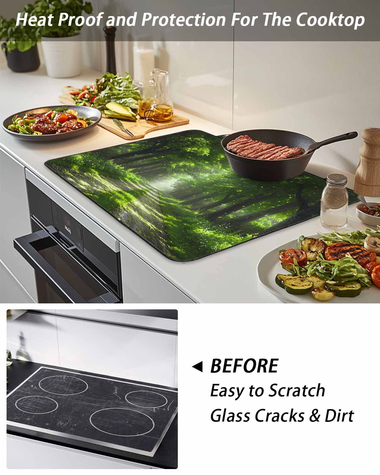 Stove Top Covers for Electric Stove, Green Trees Glass Stovetop Cover Protector, Forest Art Decor Spring Summer Nature Leaf Induction Cooktop Protector Oven Mat for Kitchen Countertop 24"x21"