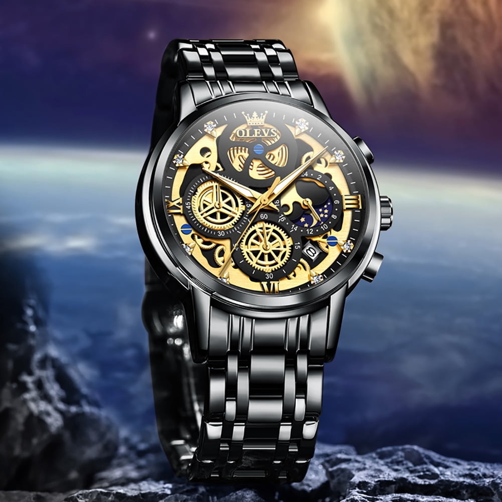 OLEVS Watches for Men Waterproof Luxury Dress Analog Quartz Chronograph Fashion Gold Plated Stainless Steel Moon Phase Luminous Date Classic Mens Wrist Watches Reloj Para Hombre
