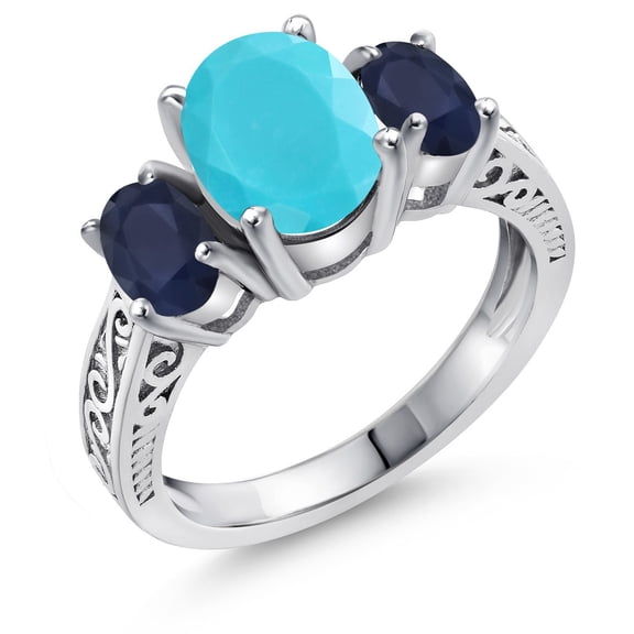 Gem Stone King 2.61 Ct Oval Green Turquoise Blue Sapphire 925 Sterling Silver Ring (Size 8)