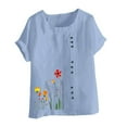 thumbnail image 4 of Wyobmus Oversized Round Neck Linen Tops for Women Printed Short Sleeve Cotton Blend Tee Shirts B-Light Blue, 4 of 4