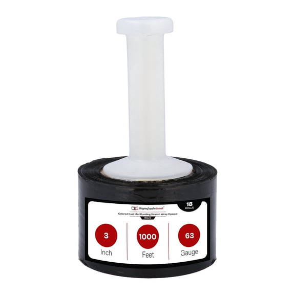 SSBM Black Cast Mini Stretch Wrap with Reuseable Handle 3" x 1000' 63 Gauge 18 Rolls Plastic Shrink Film for Moving Pallets