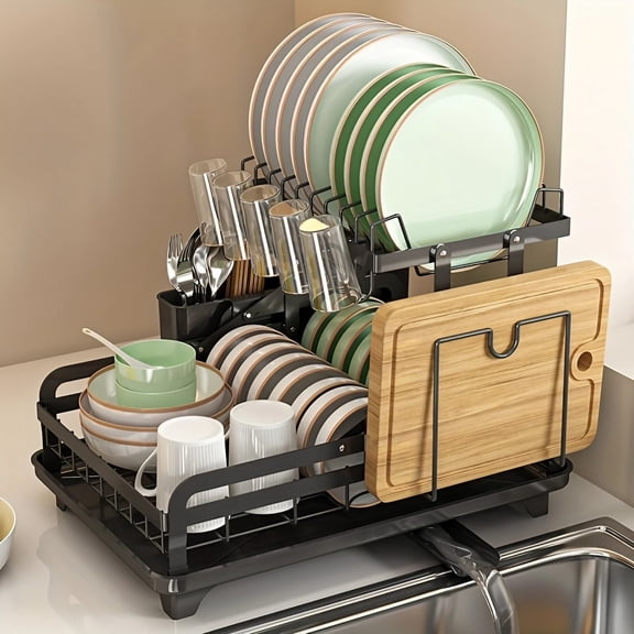 Ayternipy 2 Tier Dish Drying Rack, Stainless Steel Dish Rack Drain Set with Drain Board Multifunctional Storage for Kitchen Counter (Black)