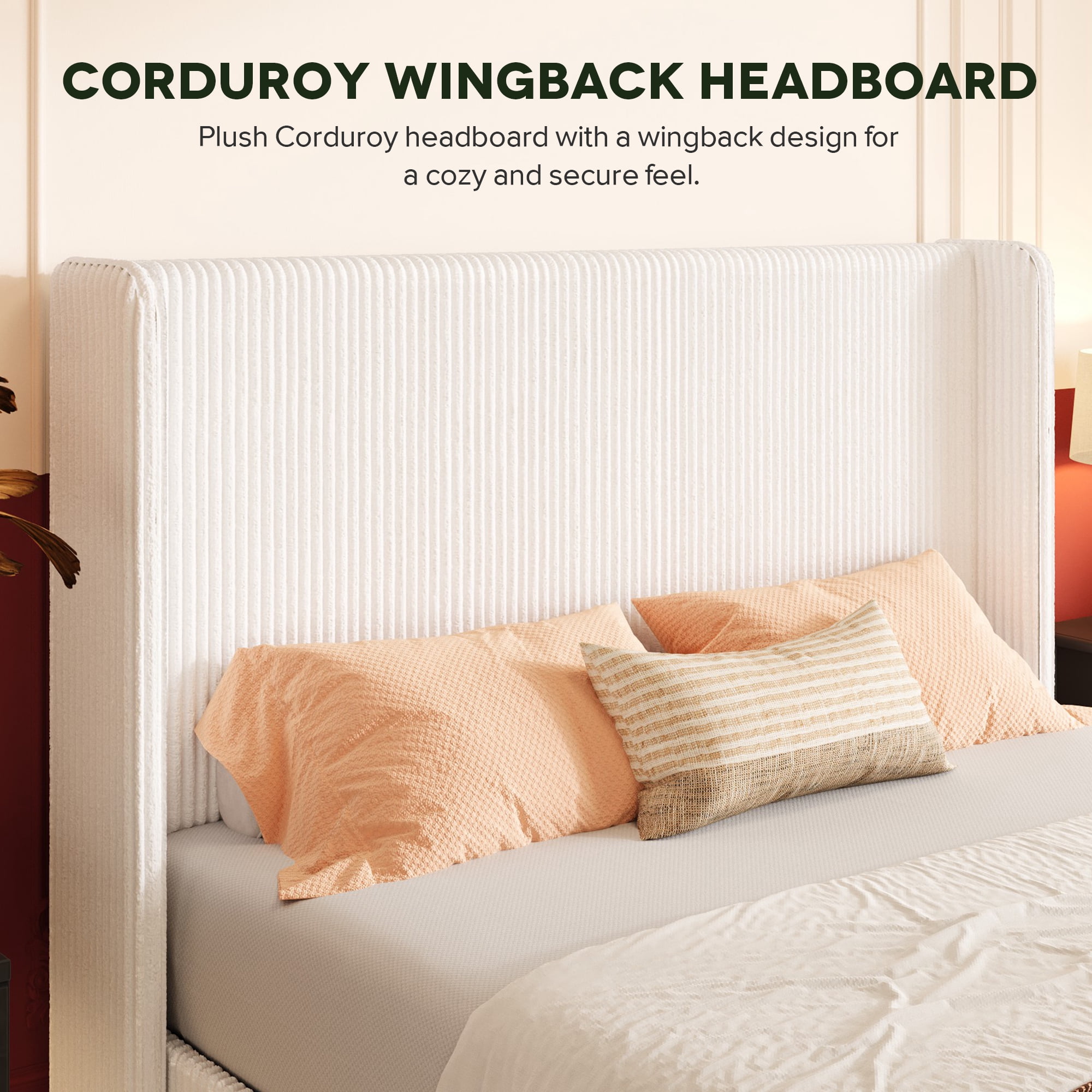 Einfach Queen Size Hydraulic Lift Up Storage Bed Frame, Corduroy Upholstered Wingback Headboard, Ample Under-bed Storage, White