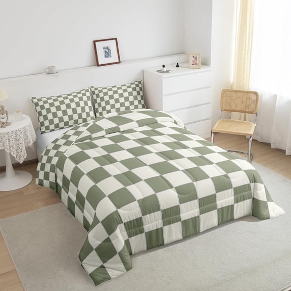 Plaid Comforter Set Twin Beige Sage Green Checkerboard Quilt Set Geometric Checkered Bedding Set for Kids Boys Girls, Aesthetic Grid Duvet Set Modern Room Decor 2 Pcs