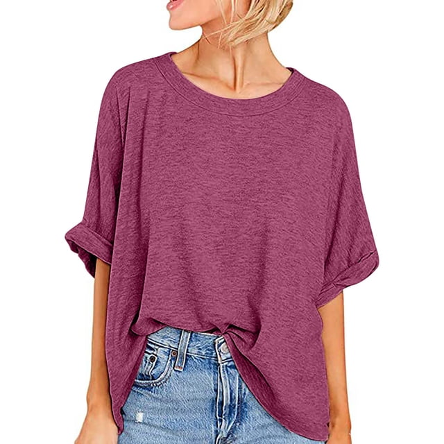 Plebaso T-Shirts Surdimensionnés pour Femmes à Manches Courtes, Col Rond, T-Shirts d'Été, Chemises Décontractées Amples 2025, Chemisiers