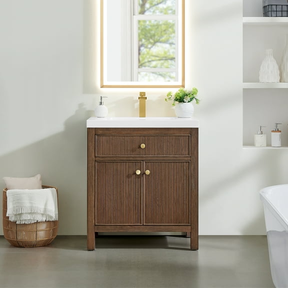 Cerrito 30" Natural Oak Wood Vanity Engineered Stone Integrated Sink no Mirror