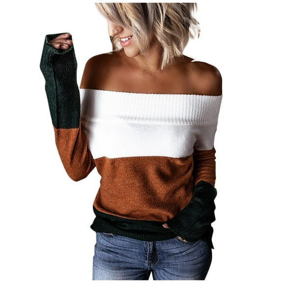 Trendy Off The Shoulder Sweaters for Women Trendy Striped Printed Pullover Tops Long Sleeve Slim Fit Sweater
