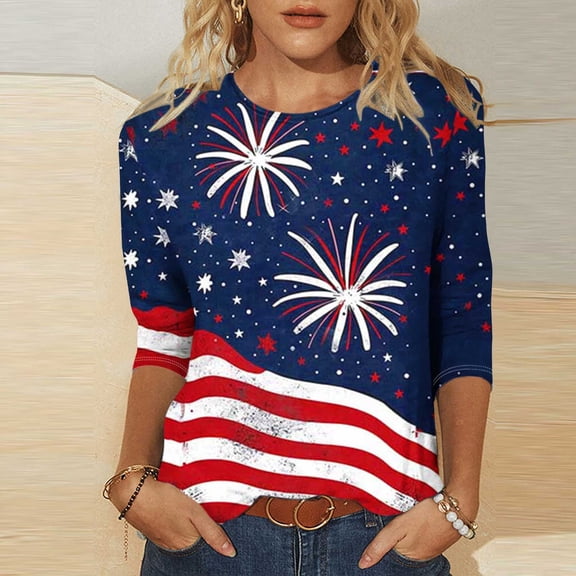 VKOYWKM 3/4 Sleeve Tops for Women, 4th of July Shirts Patriotic American Flag Tops Casual Crew Neck Star Stripe Graphic Tees Three Quarter Length Blouse