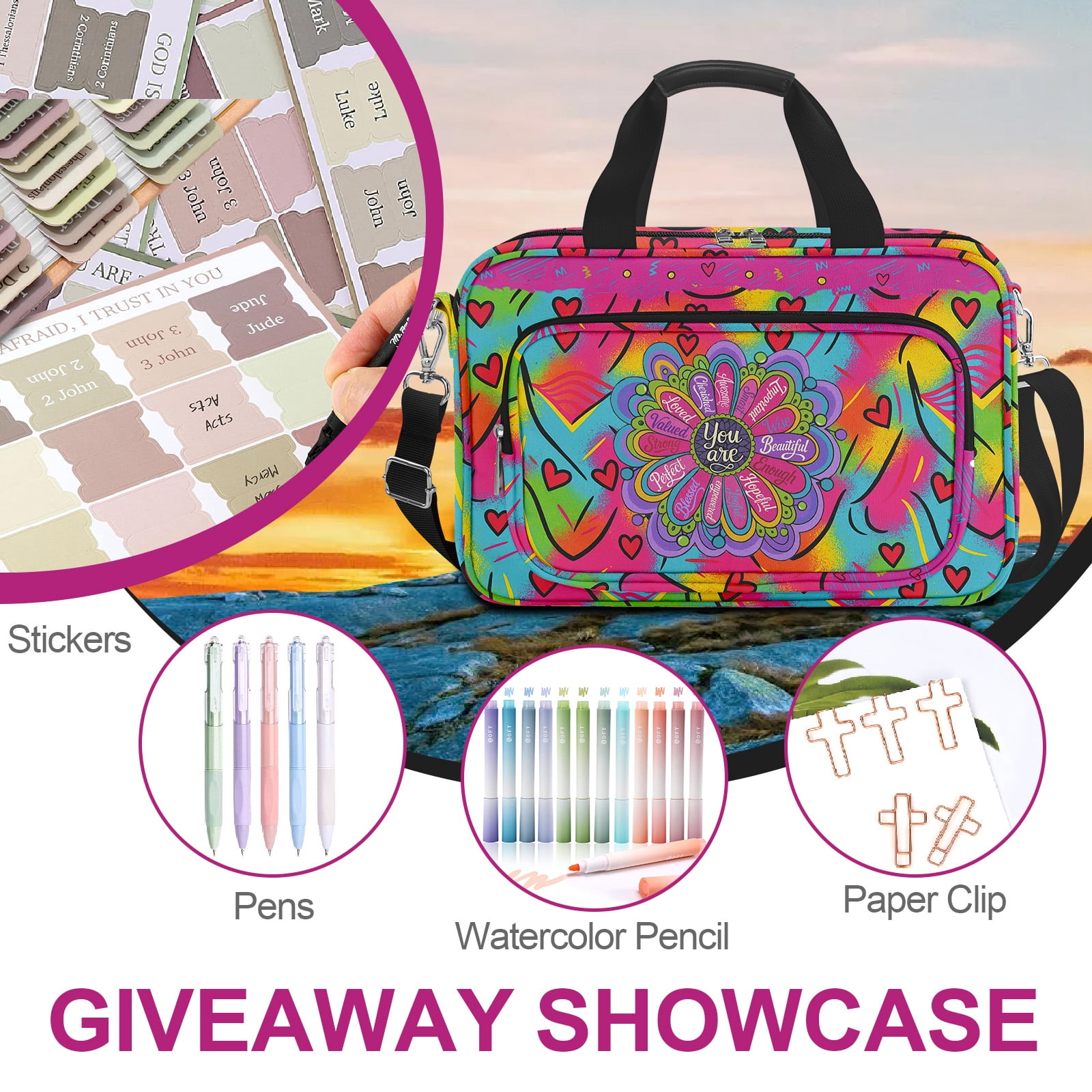 Bible Cover, Mandala Flower Large Bible Bag for Women, Bookmark Church Bag Study Supplies Journaling Kit Book Carrying Case with Bible Highlighters Shoulder Strap