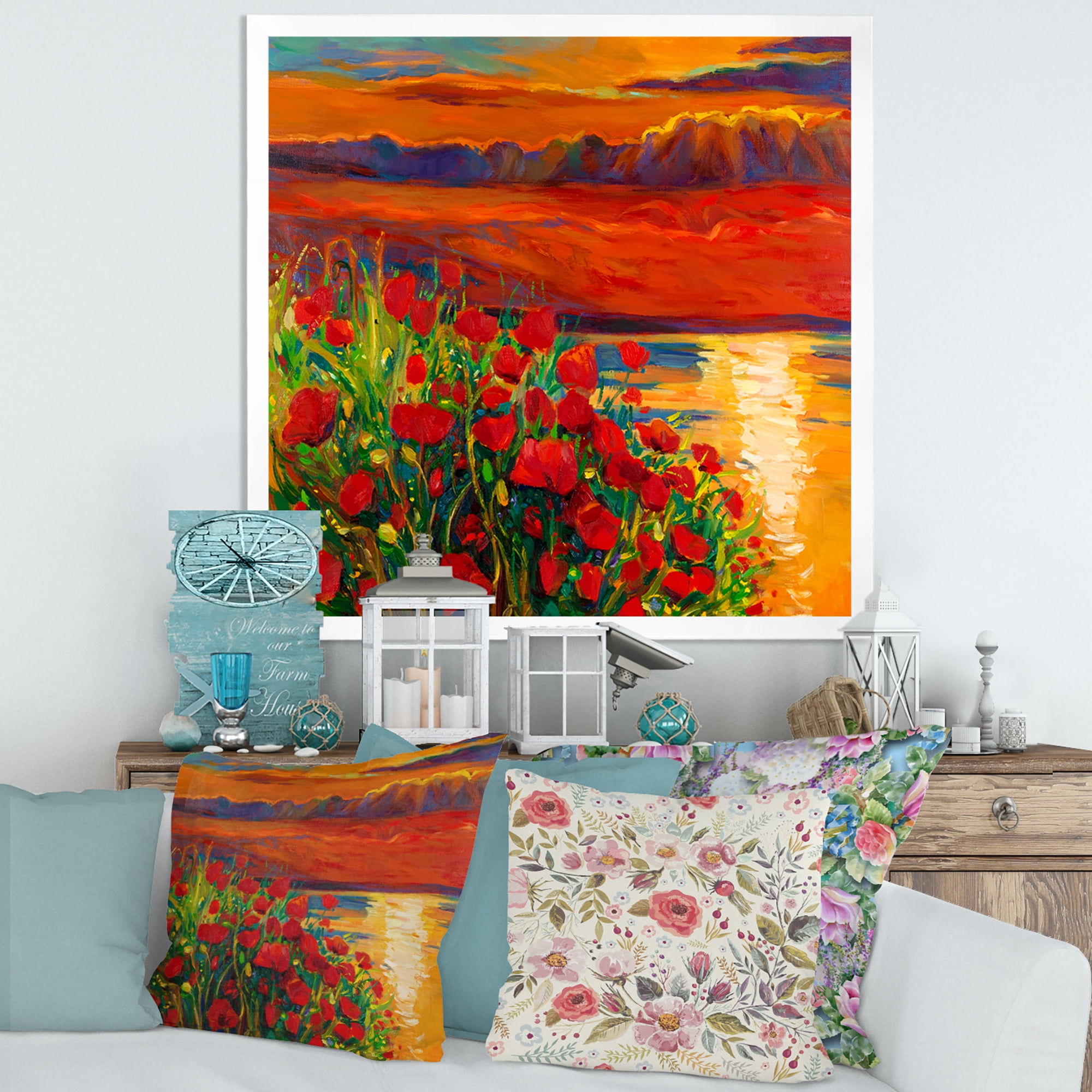 Red Poppies By The Ocean During Evening Glow 16 in x 16 in Framed Painting Canvas Art Print, by Designart