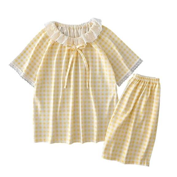 REDARER Girls Comfy Sleepwear Set, Gingham Pajama Top & Pants with Lace , Soft 2-Piece Summer Outfit,5-6 Years