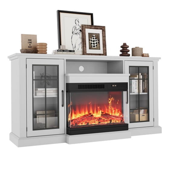 75" 3-Sided Glass Fireplace TV Stand for TVs Up to 85", Wood Entertainment Center with 40" Electric Fireplace, 2 Cabinets, Open Shelf, 12 Flame Colors, Media Console for Living Room, White