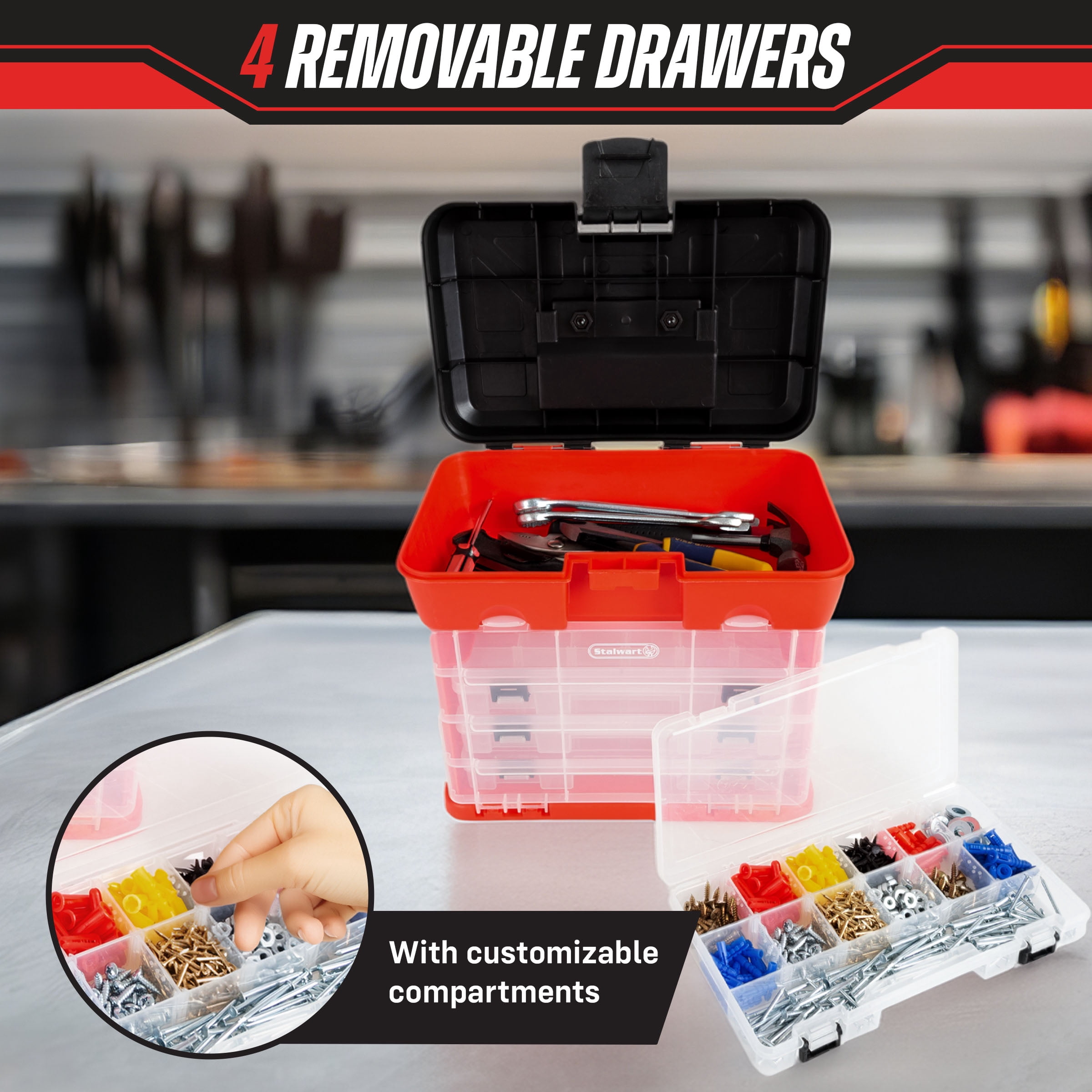 Stalwart Portable Tool Storage Box - Small Parts Organizer with 4 Trays