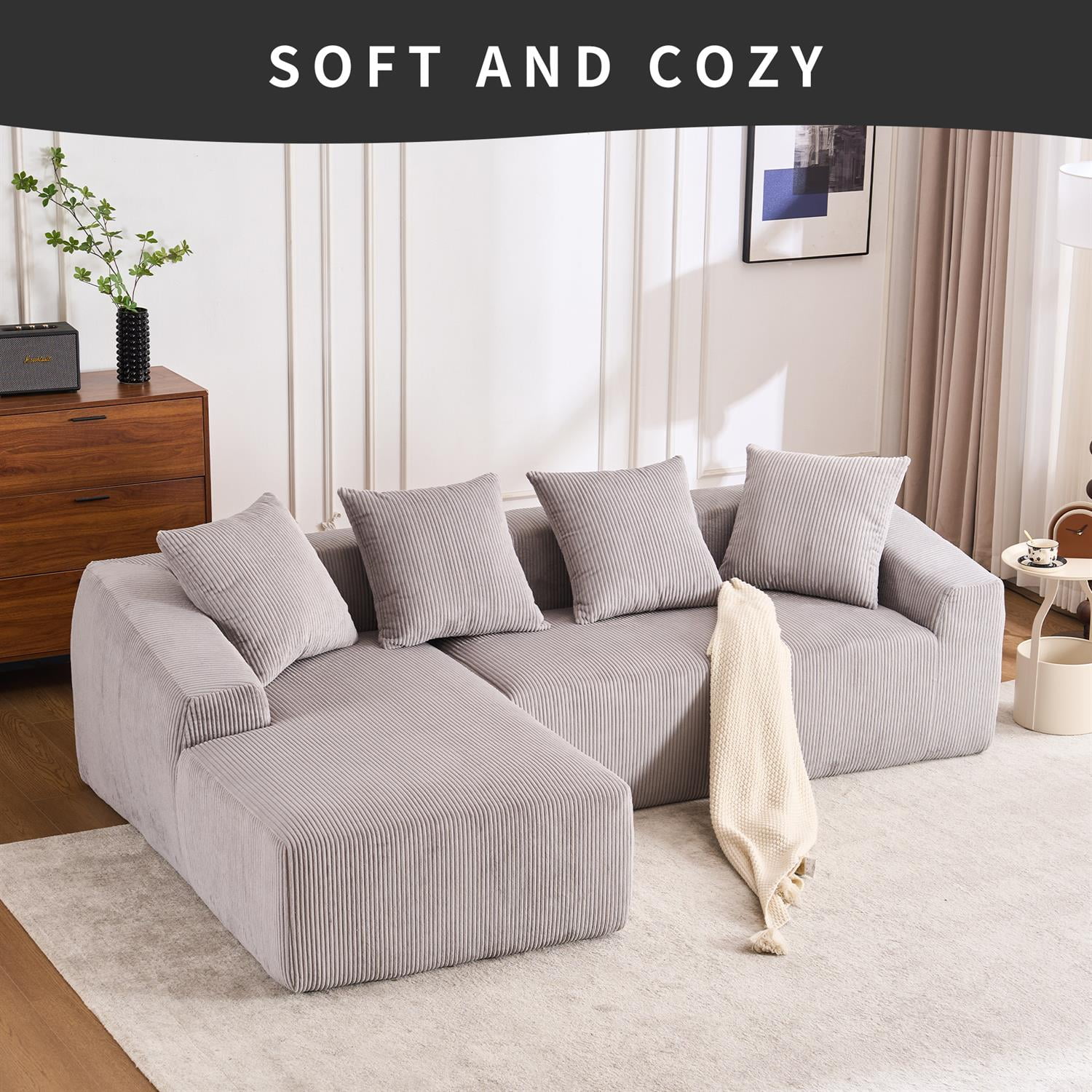 Demi Bonn 101" Corduroy Compression Sofa with Chaise Lounge, 3-Seater Couch with Full Sponge Cushion & 4 Pillows, Ideal for Living Room, Light Gray