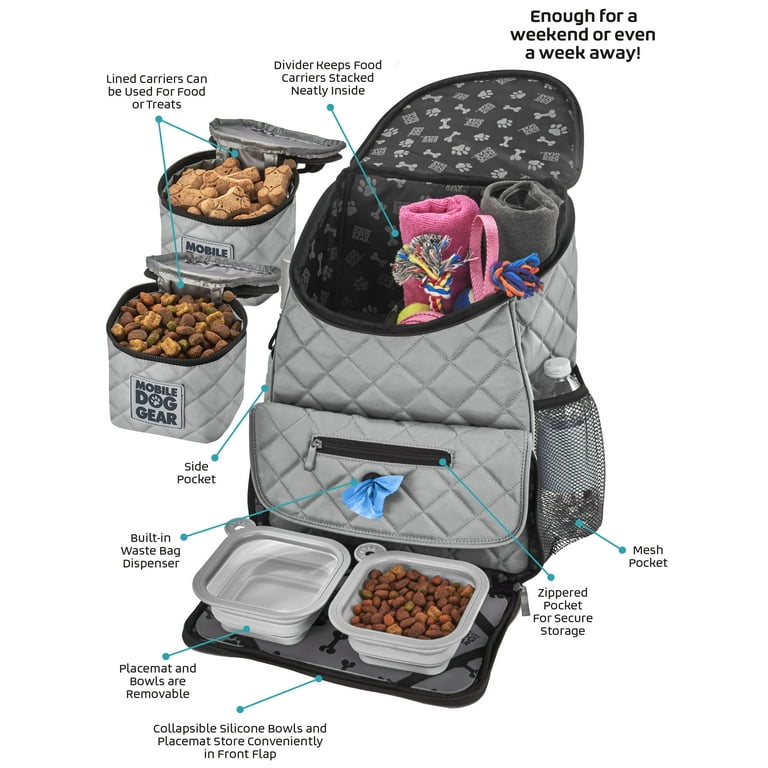 Mobile Dog Gear, Pet Carrier Plus, Small Dog Carrier Includes 2 Lined Food  Carriers, Placemat and 2 Collapsible Dog Bowls, Gray