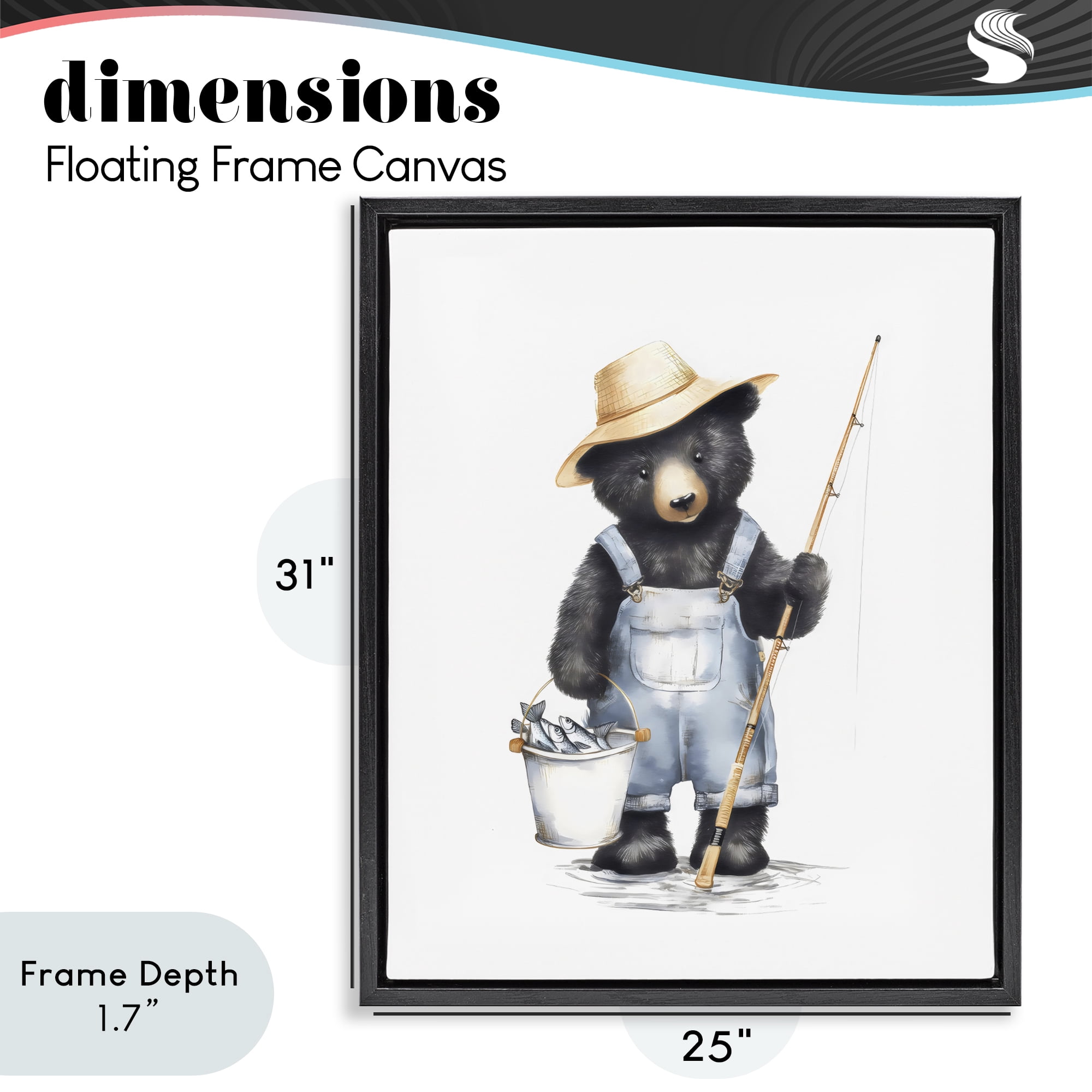 Stupell Industries Fishing Bear in Straw Hat Black Framed Floater Canvas Wall Art, design by Arlington Prints