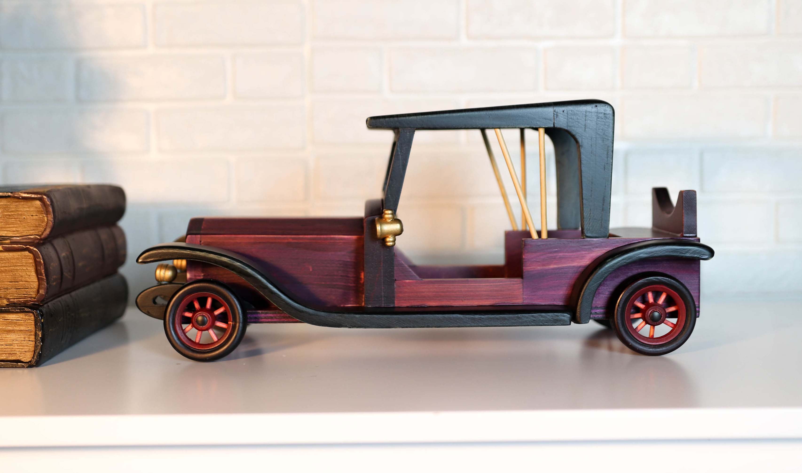 Hand Made Wood Retro Antique Style Purple Model T Sedan Car Wine Holder Figurine 
