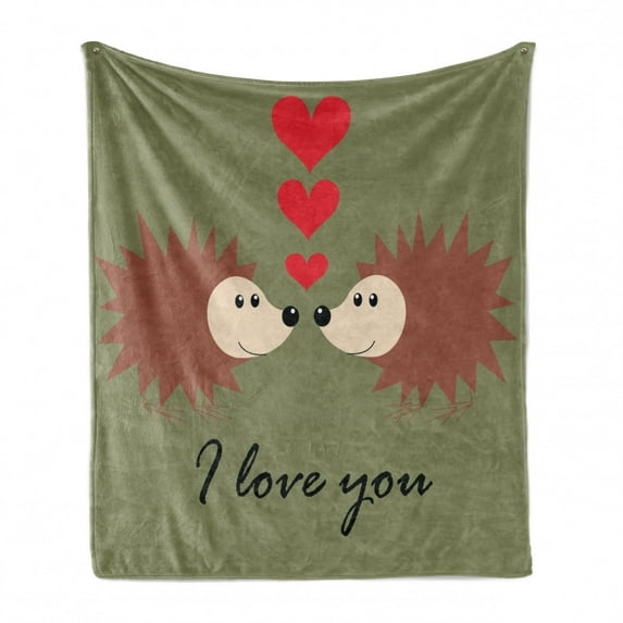 Hedgehog Soft Flannel Fleece Throw Blanket, Loving Hedgehog Couple Exchange Glances with Heart and I Love You Message, Cozy Plush for Indoor and Outdoor Use, 70" x 90", Multicolor, by Ambesonne