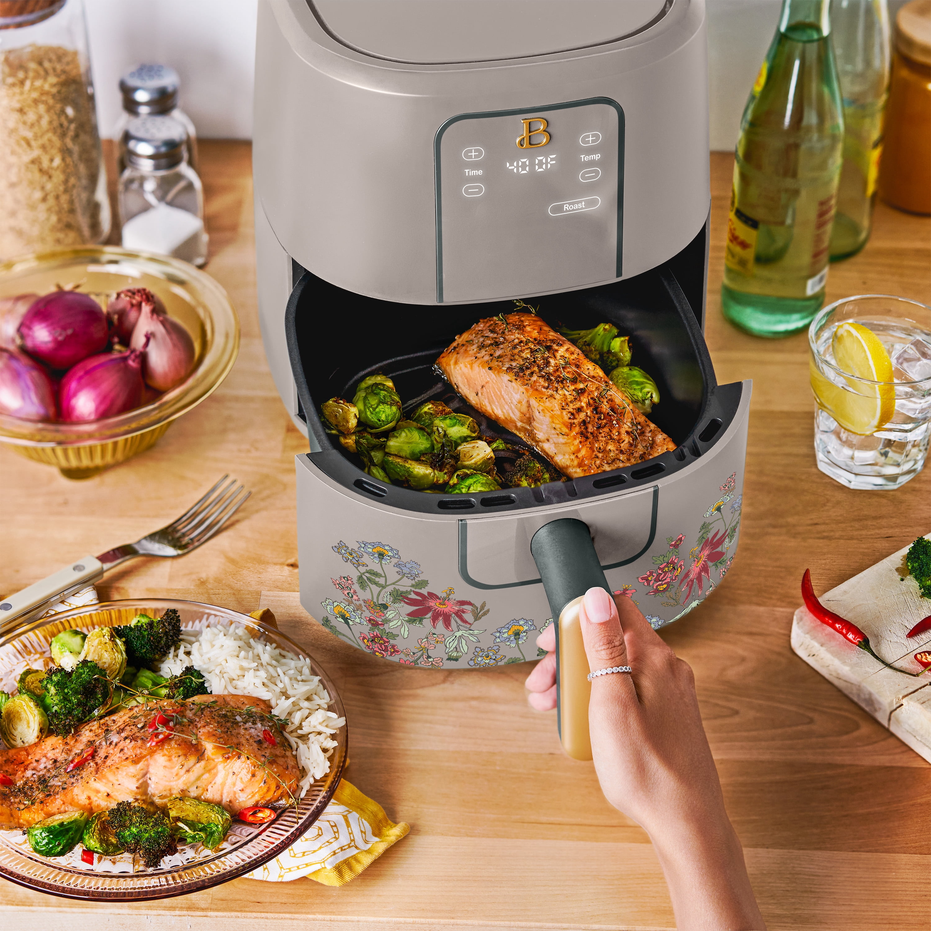 Beautiful 3 Qt Air Fryer with TurboCrisp Technology, EverGood Ceramic Nonstick Coating, Wildflower Porcini Taupe by Drew Barrymore