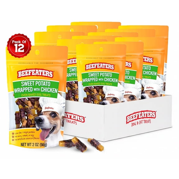 Beefeaters Sweet Potato Chews 2oz, 12 Pack – Rawhide-Free, Grain-Free, Low Fat, High-Protein Dog Treats in Resealable Bag