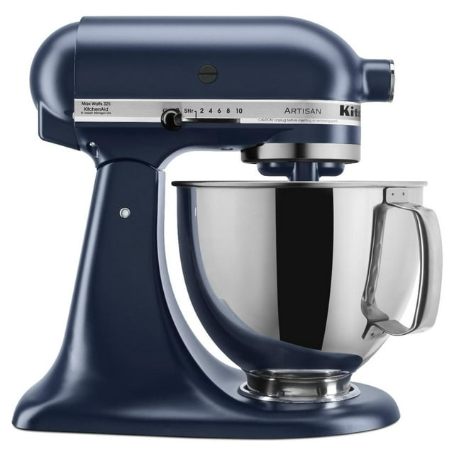 Dark blue KitchenAid Artisan Series 5-quart tilt-head stand mixer with stainless steel mixing bowl and speed control knob