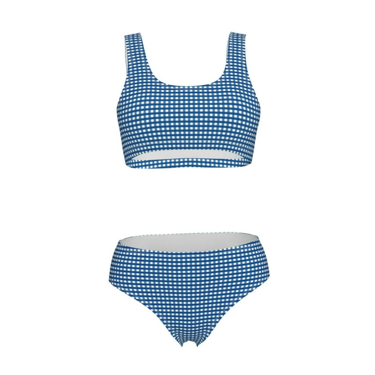 Lukts Women High Waisted Bikini Set Blue Gingham Swimsuit 2 Piece Bathing Suit Tummy Control Medium