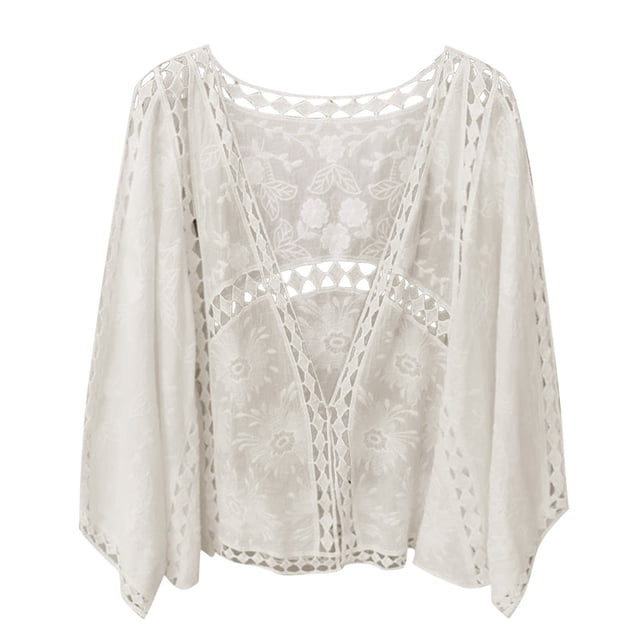 Baberdicy Womens Cardigans Lightweight Limited Time Deal, Women's Spring/Summer Cotton Embroidered Lace Cardigan Short Bat Sleeve Loose Shawl 7 Inch Sleeve Air Conditioning Hoodie for Women