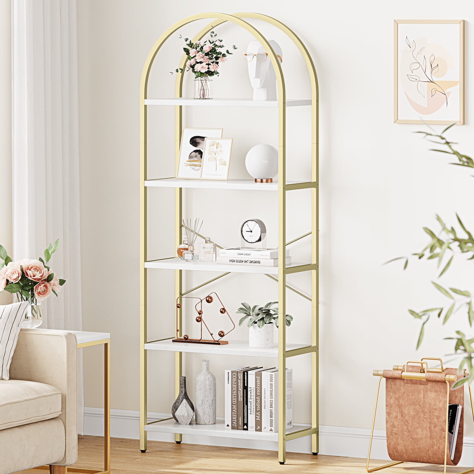 Hasoo 5 Tier Bookshelf Arched Bookcase Modern Standing Bookshelves Tall