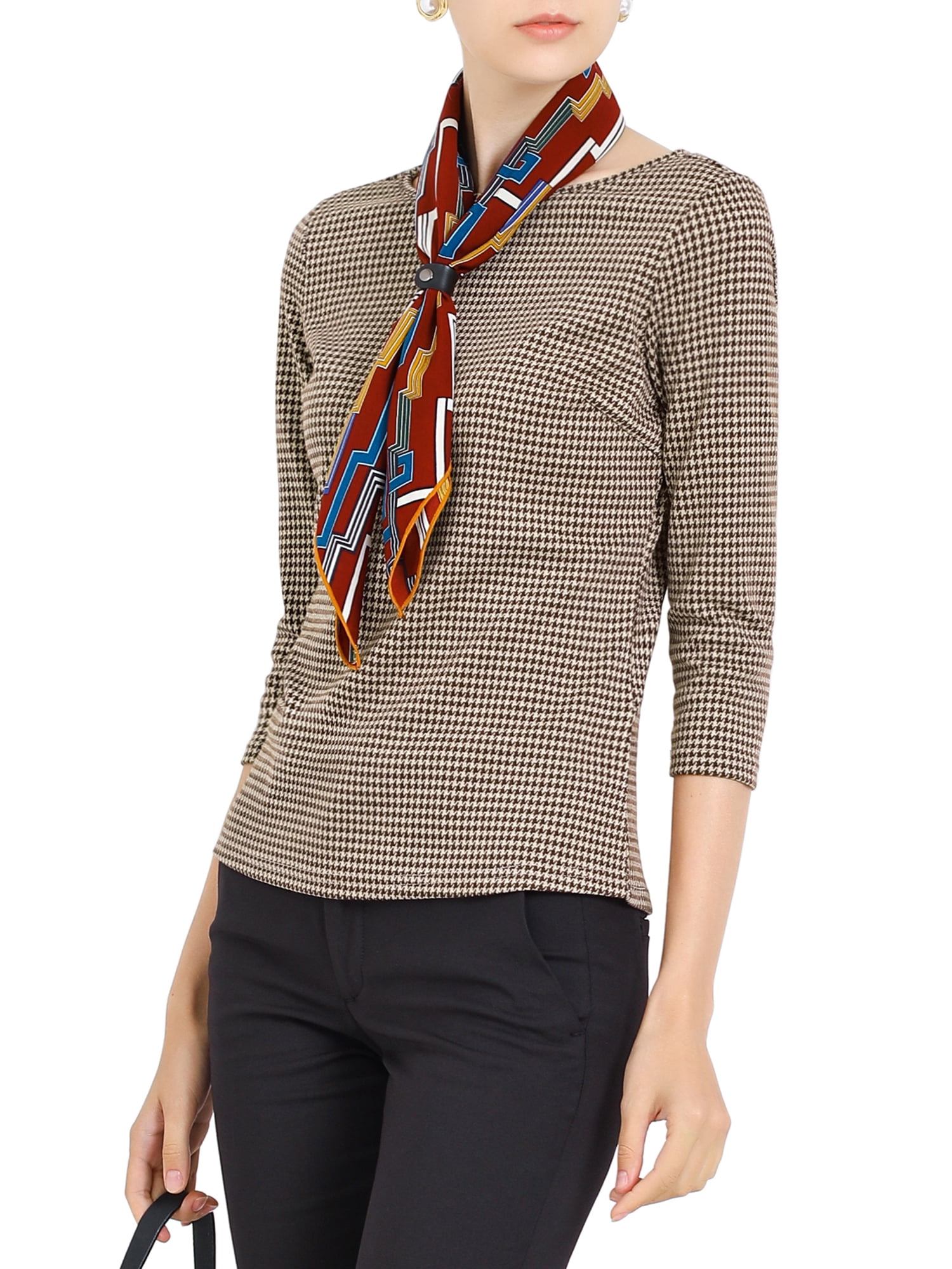 Unique Bargains Women's Work Office 3/4 Sleeve Boat Neck Houndstooth Top S Brown