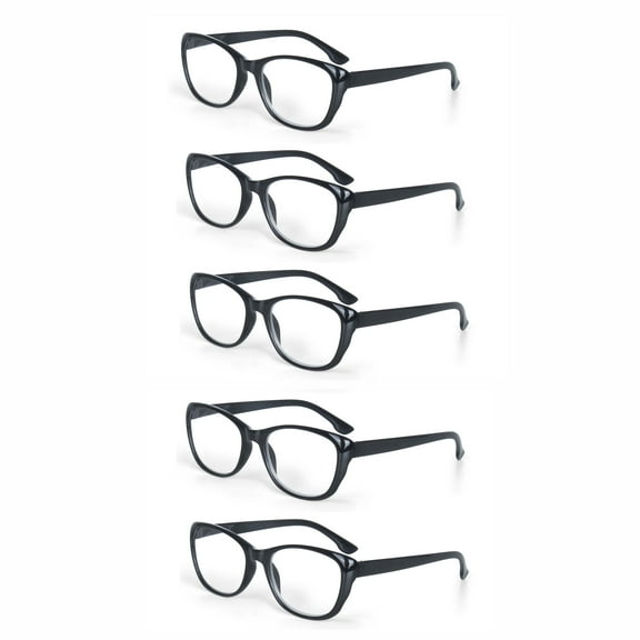 EYE ZOOM 5 Pack Plastic Frame Vintage Cat Eye Style Reading Glasses with Spring Hinge for Women, Black, 1.00
