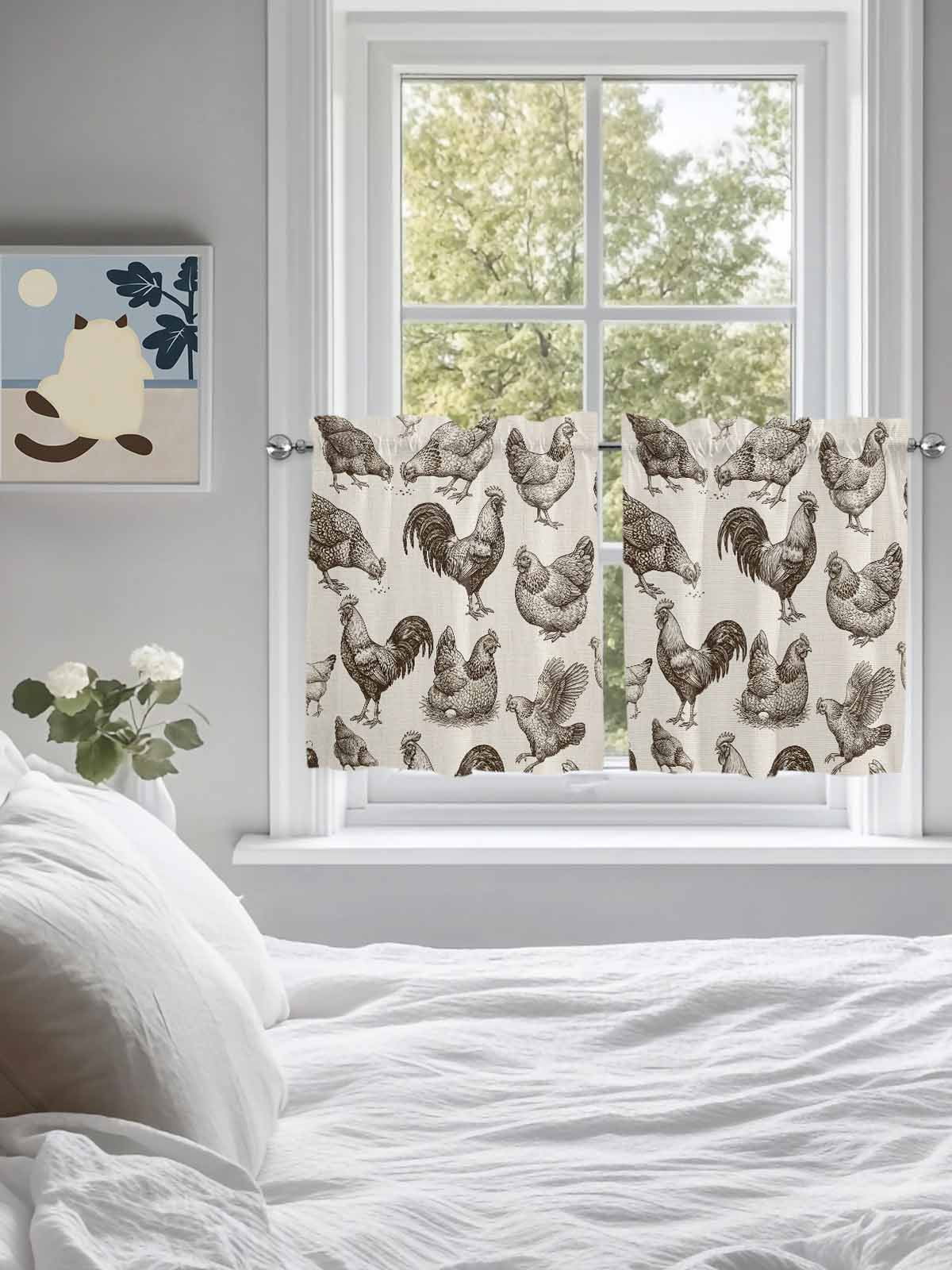 Farmhouse Rooster Kitchen Curtains Tier 24 Inch Length, Rustic Animals Vintage Linen Rod Pocket Light Filtering Window Curtains Living Room Bedroom Curtain Drapes Cafe Curtain 27.5''x24''x2