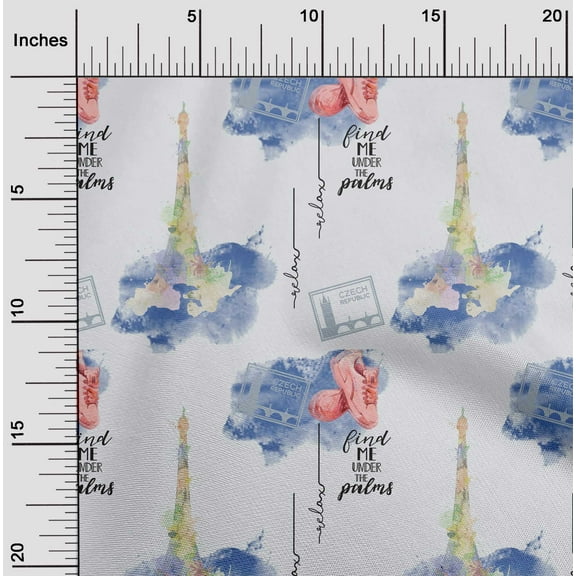 oneOone Georgette Viscose Grayish Blue Fabric Text|Shoes & Eiffel Tower Travel Dress Material Fabric Print Fabric By The Yard 42 Inch Wide