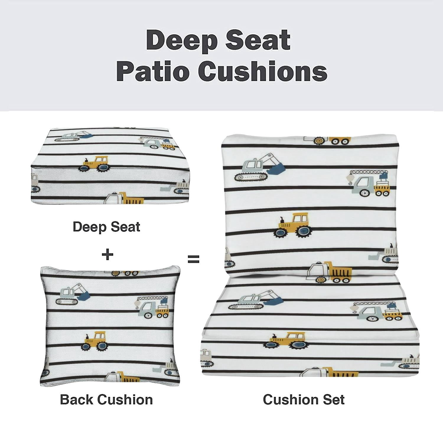 2Piece Deep Seating Cushion Set Hand drawn cute cars Truck tractor