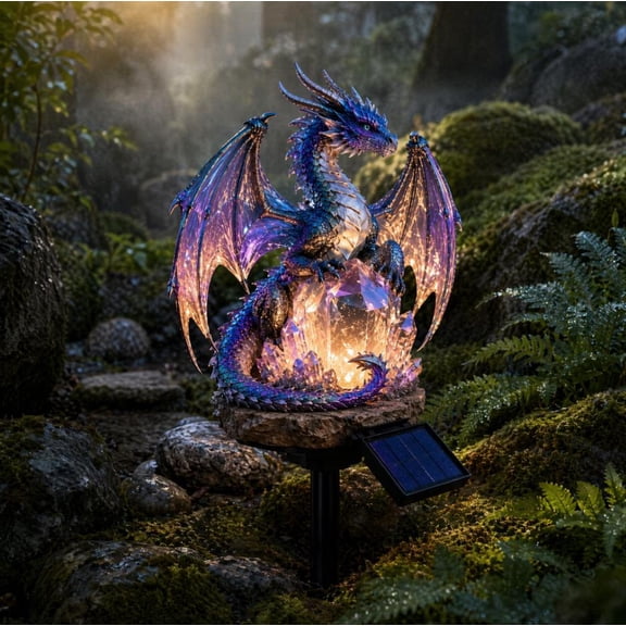 Solar-Powered Dragon Crystal Garden Light, Resin Fantasy Yard Stake Ornament, Glowing Crystal Detail for Patio Landscaping, Flower Beds, Backyard Decoration