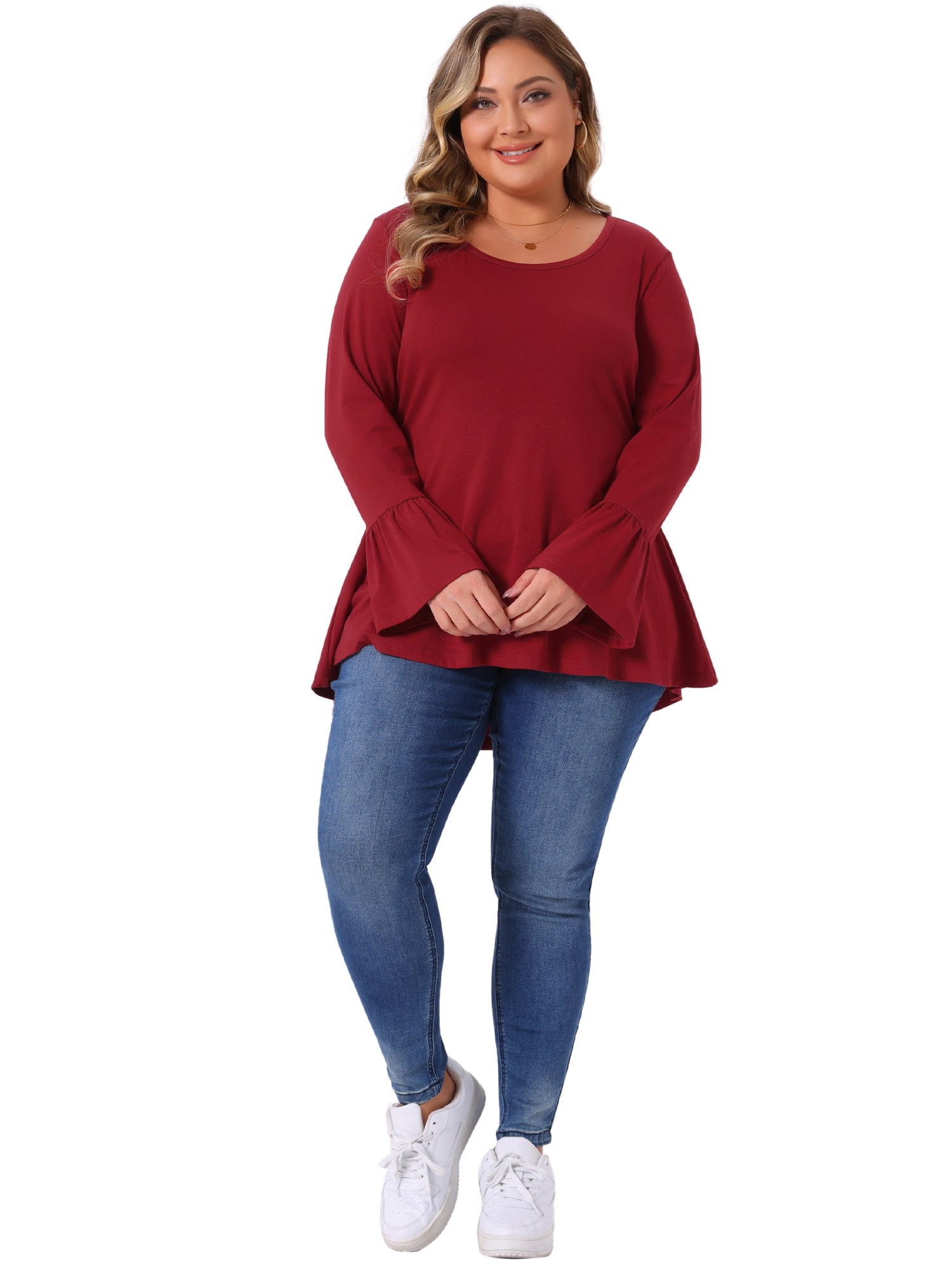 DARING DIVA Women's Plus Tops Crew Neck Bell High Low Hem Blouses 4X Burgundy