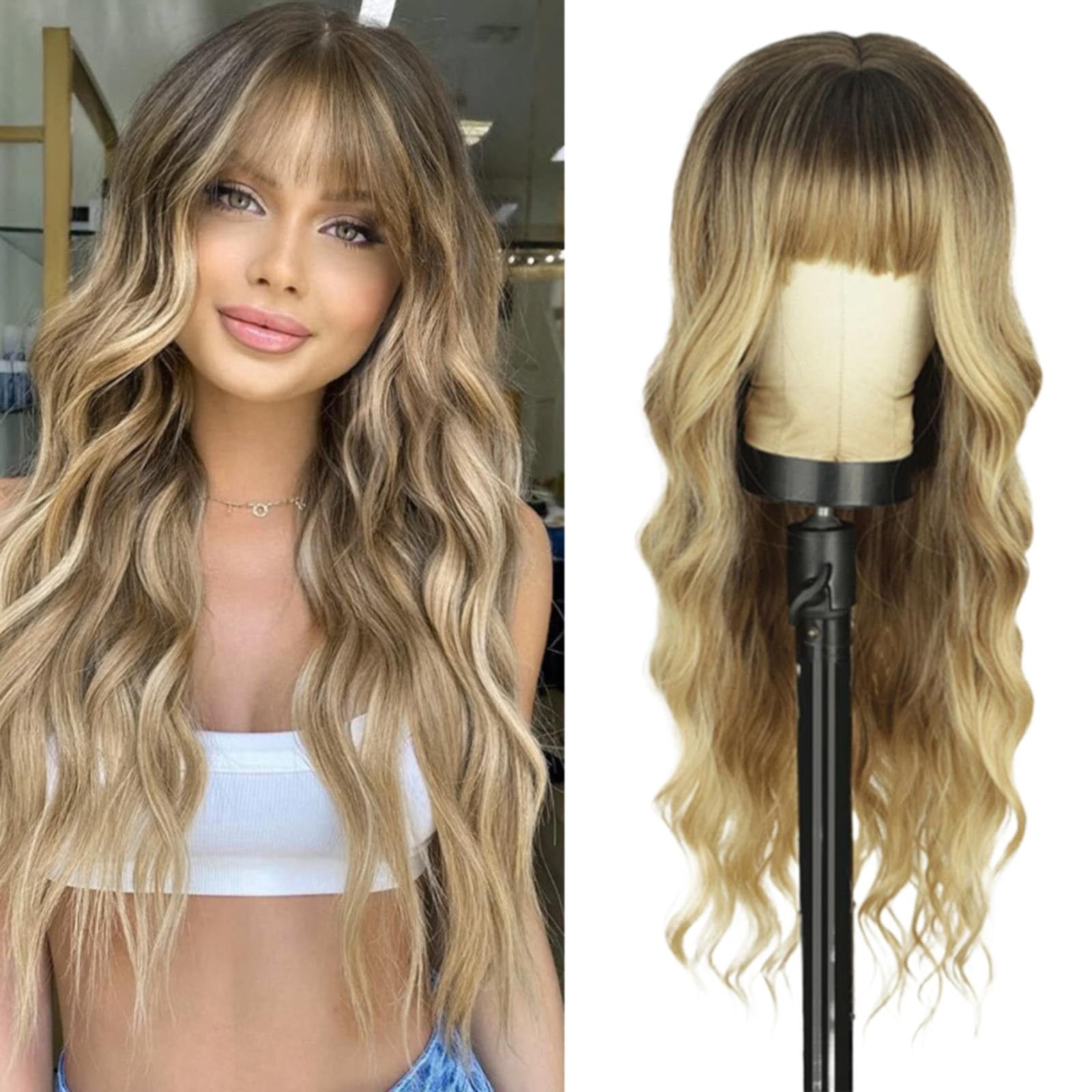 Long Ombre Blonde Wig with Bangs, Dark Roots for Women Wavy Curly Natural Looking Heat Resistant Synthetic Fiber Wigs, C, 10.9oz, 26inch