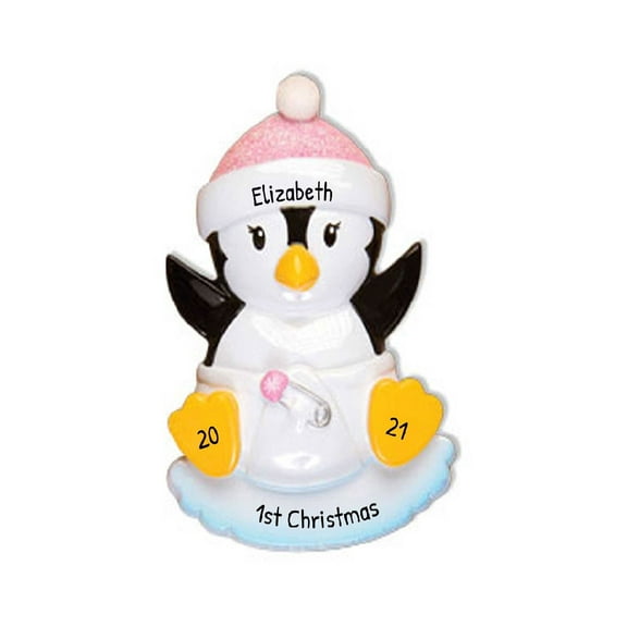 Ornaments by Elves Personalized Penguin Baby Girl Christmas Ornament 2024 Pink Hat Decoration .25lbs